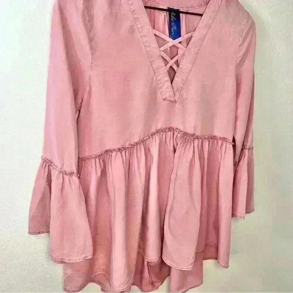 Blue Rain Pink Peplum Bell Sleeve Blouse with Crisscross Neckline Size Small - Picture 5 of 14